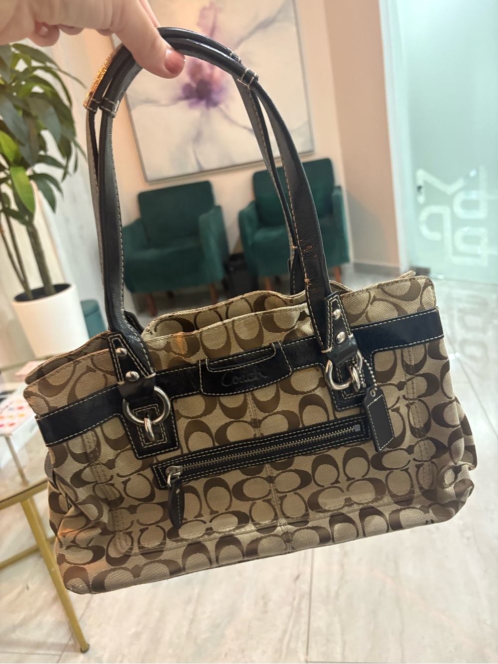 Coach Signature Canvas Shoulder Bag in Khaki and Black